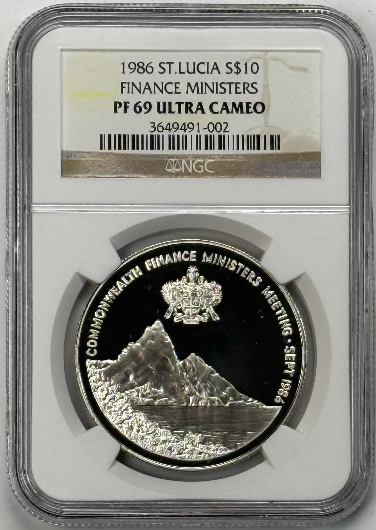 S&S Numismatic世界钱币-拍卖 第121期  圣卢西亚1986年 英联邦财政部长会议 10元精制纪念银币 28.28克925银 NGC PF69UC