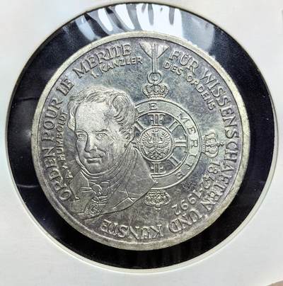 外国优质老铜币银币苏联纪念章，每周六晚九点倒数截拍，满百包邮可寄存，持续收拍 - 德国1992年10马克纪念银币15.5克625银纯银价208元，以纪念 “科学与艺术功绩勋章” 设立 150 周年。币面人物为勋章首任总管、著名博物学家洪堡，该勋章是德国最高学术荣誉之一。