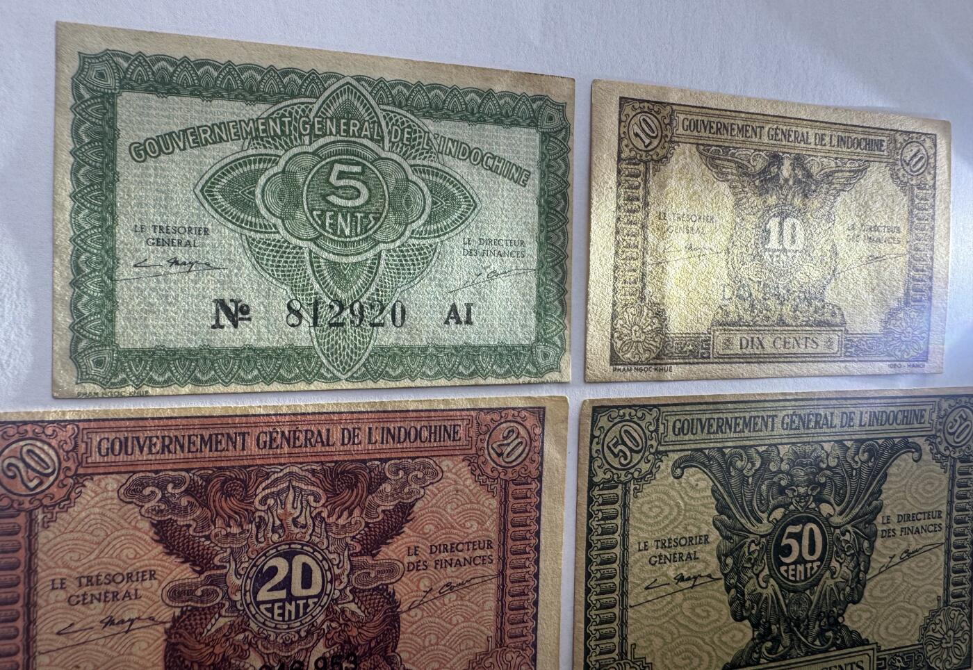 2026第4场（总第231期）：精品测试钞、外钞综合场  法属印度支那/越南1942年版伍仙、壹毛、贰毛、五毛一组4枚（品如图）