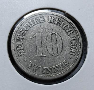 外国优质老铜币银币苏联纪念章，每周六晚九点倒数截拍，满百包邮可寄存，持续收拍 - 德意志帝国1896年10芬尼F版，属威廉二世时期流通币，正面铸币值与年份，背面为帝国鹰徽，是德国统一后货币体系的重要组成，见证了第二帝国的经济与社会发展。