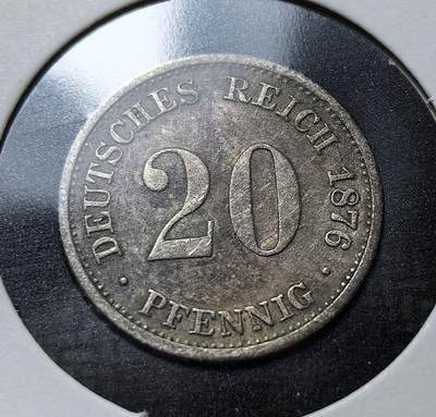 外国优质老铜币银币苏联纪念章，每周六晚九点倒数截拍，满百包邮可寄存，持续收拍 - 极其少见德意志帝国1876年20芬尼银币，1871 年德国统一后，1873 年确立金本位货币体系，此币为早期统一货币，背面帝国鹰象征皇权，见证了德国从分裂走向统一的货币整合历程。