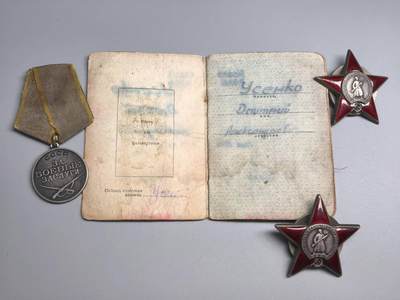 小驴勋章奖章收藏3月7日周六晚六点拍卖（珍爱和平，收藏战争，铭记历史，勿忘国耻，忠党爱国。有偿代拍，送拍规则在简介最后，参拍须阅读规则后再参拍，关系到运费包装发货时效真假辨别等关键信息，拍卖时不再发原图，看大图店主微信码在拍卖店铺介绍里） - 苏联双红星勋章（7万号91万号）、战功奖章（9万号）轰炸机航空团高级机械师套章带证书，有档案