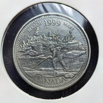外国优质老铜币银币苏联纪念章，每周六晚九点倒数截拍，满百包邮可寄存，持续收拍 - 加拿大1999年3月千禧年系列 25 分纪念币，每月发行一枚。背面《木材流放》图案，致敬早期伐木工撑木排运输木材的历史，见证加拿大林业对国家发展的贡献。