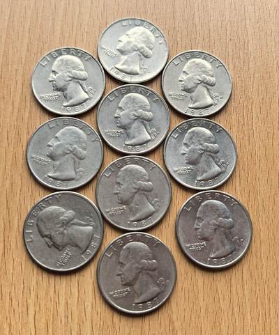 外国优质老铜币银币苏联纪念章，每周六晚九点倒数截拍，满百包邮可寄存，持续收拍 - 美国1987年华盛顿 25 美分10枚，正面为其头像，背面为美国国鸟白头海雕。