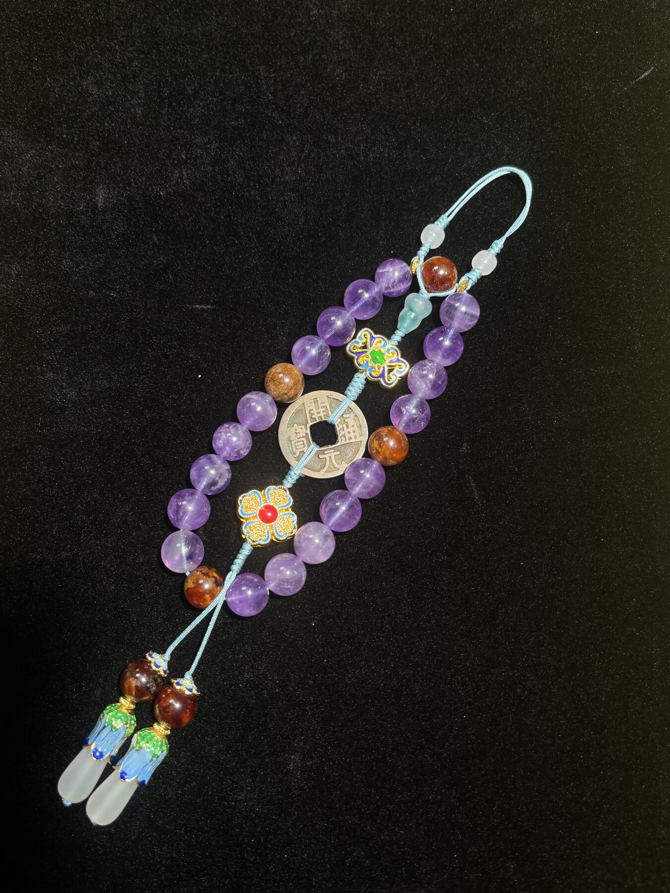 古钱币十八子念珠紫水晶手串-开元通宝