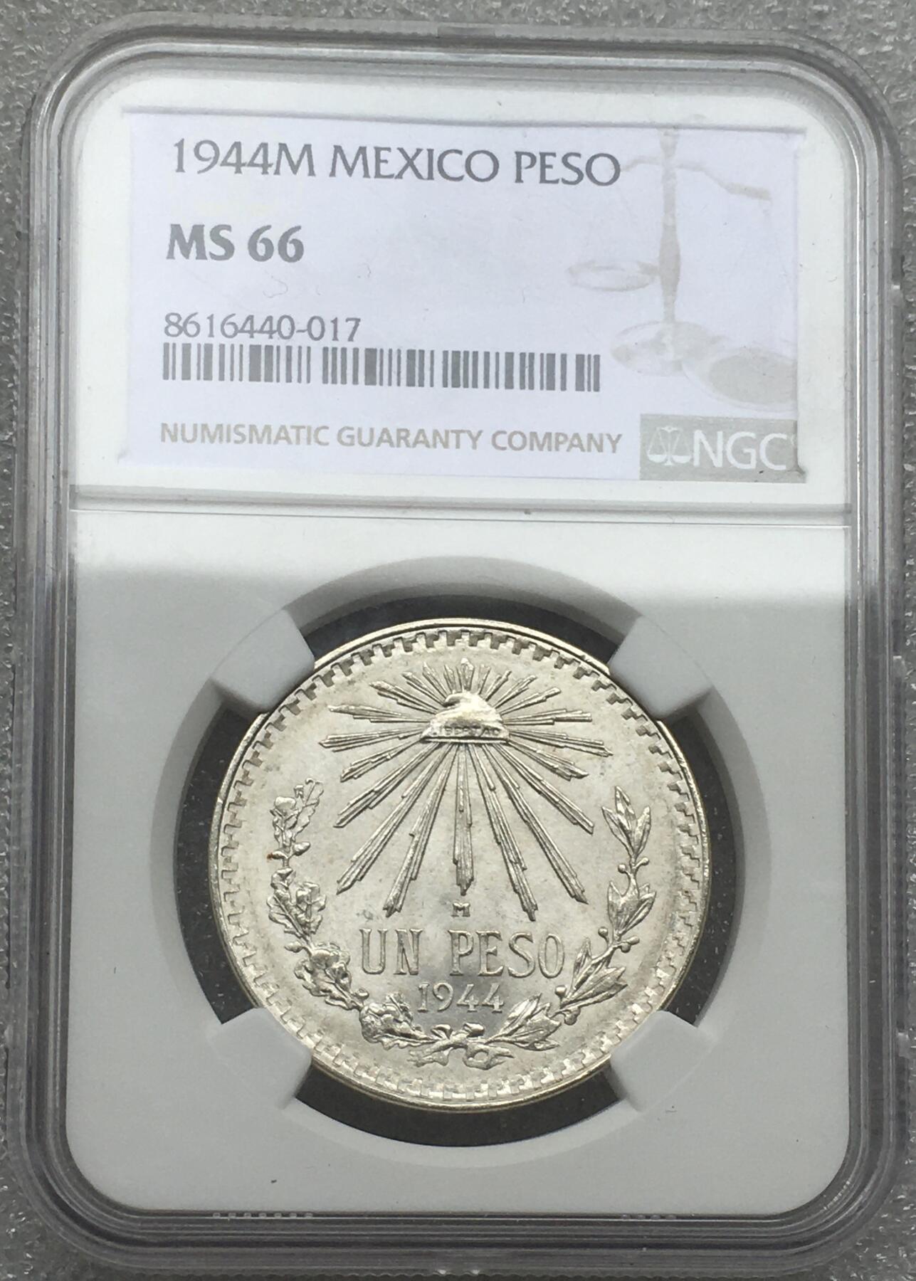 世界钱币专场拍卖 每周二开拍 NGC MS66分1944年墨西哥鹰洋一比索银币