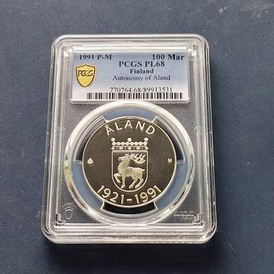 【全场包邮】纯粹捡漏拍509场 - 【收藏级·冠军分】芬兰1991年100马克奥兰自治70周年PL克朗型纪念银币【35.5毫米24克92.5%】-PCGS PL68