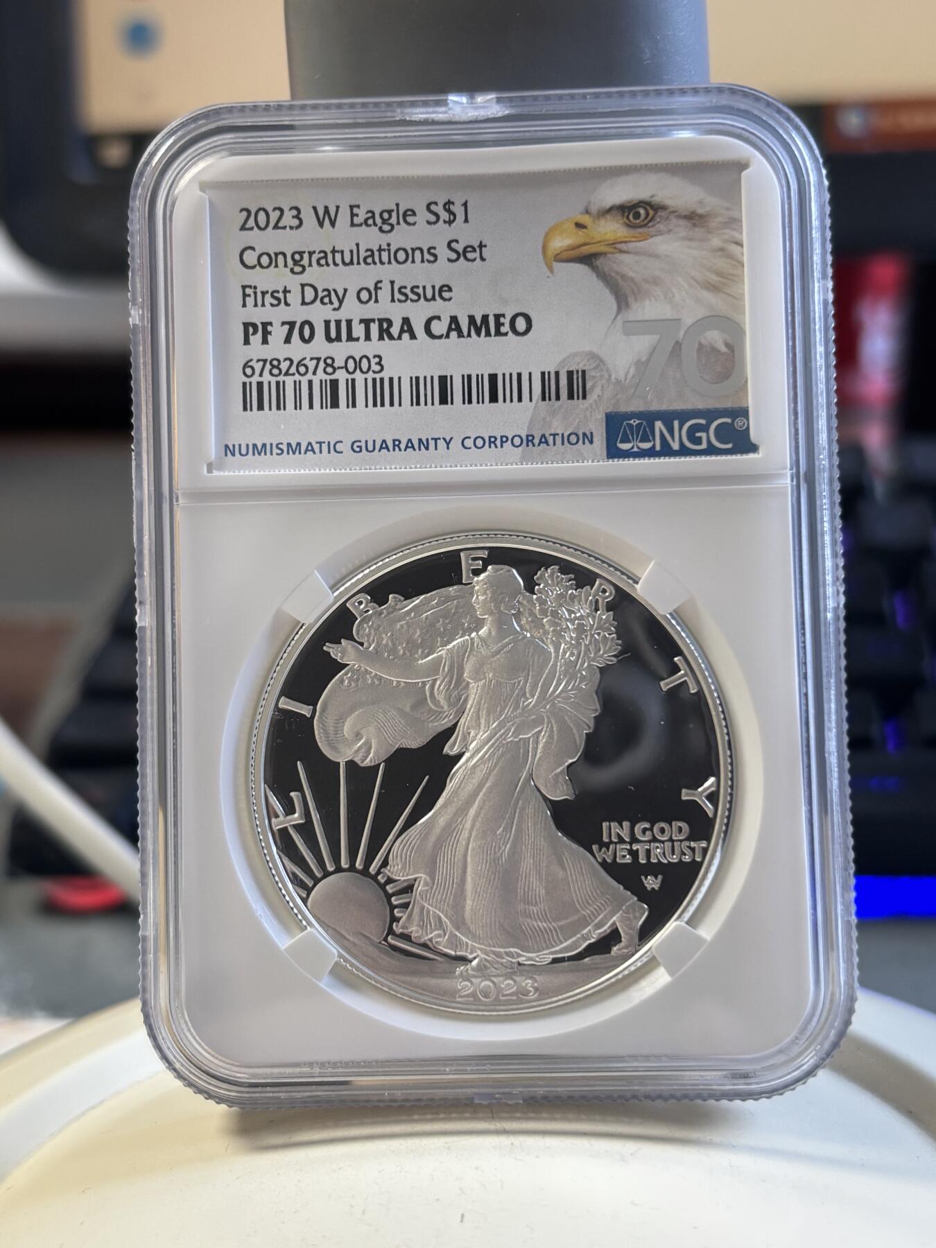 第192期拍卖 美国2023年鹰洋1盎司行走女神精制纪念银币NGC-PF70首，1盎司，999银，