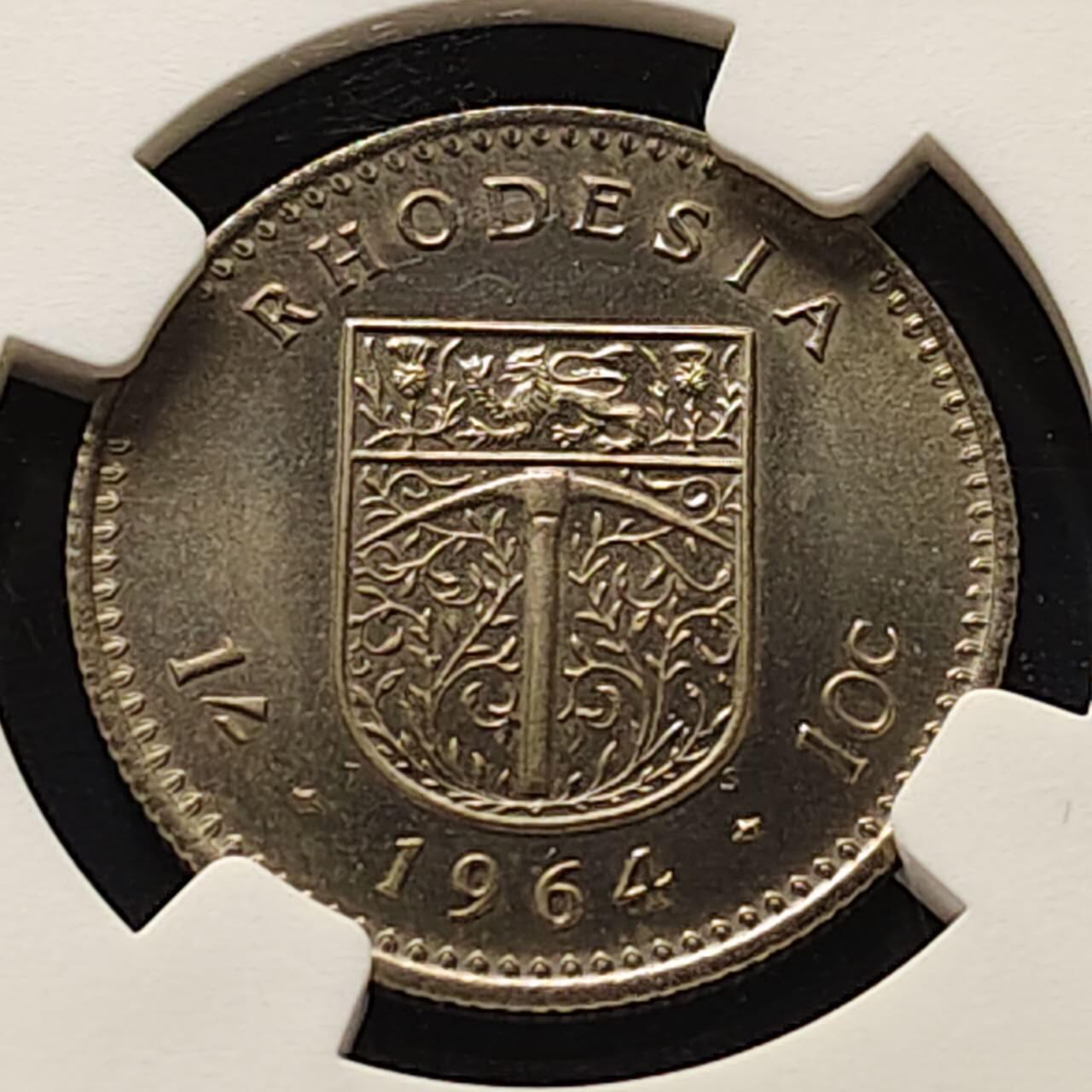 【全场包邮】纯粹捡漏拍509场 【收藏级】英属罗德西亚1964年女王10分/1先令6便士双面值精制币-量2080-NGC PF65（更高分18枚，最高分67）