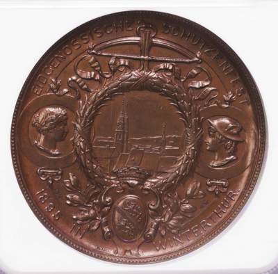 NGC-MS64BN 1895瑞士苏黎世射击节女神加厚大铜章 NGC-MS64BN 1895瑞士苏黎世射击节女神加厚大铜章