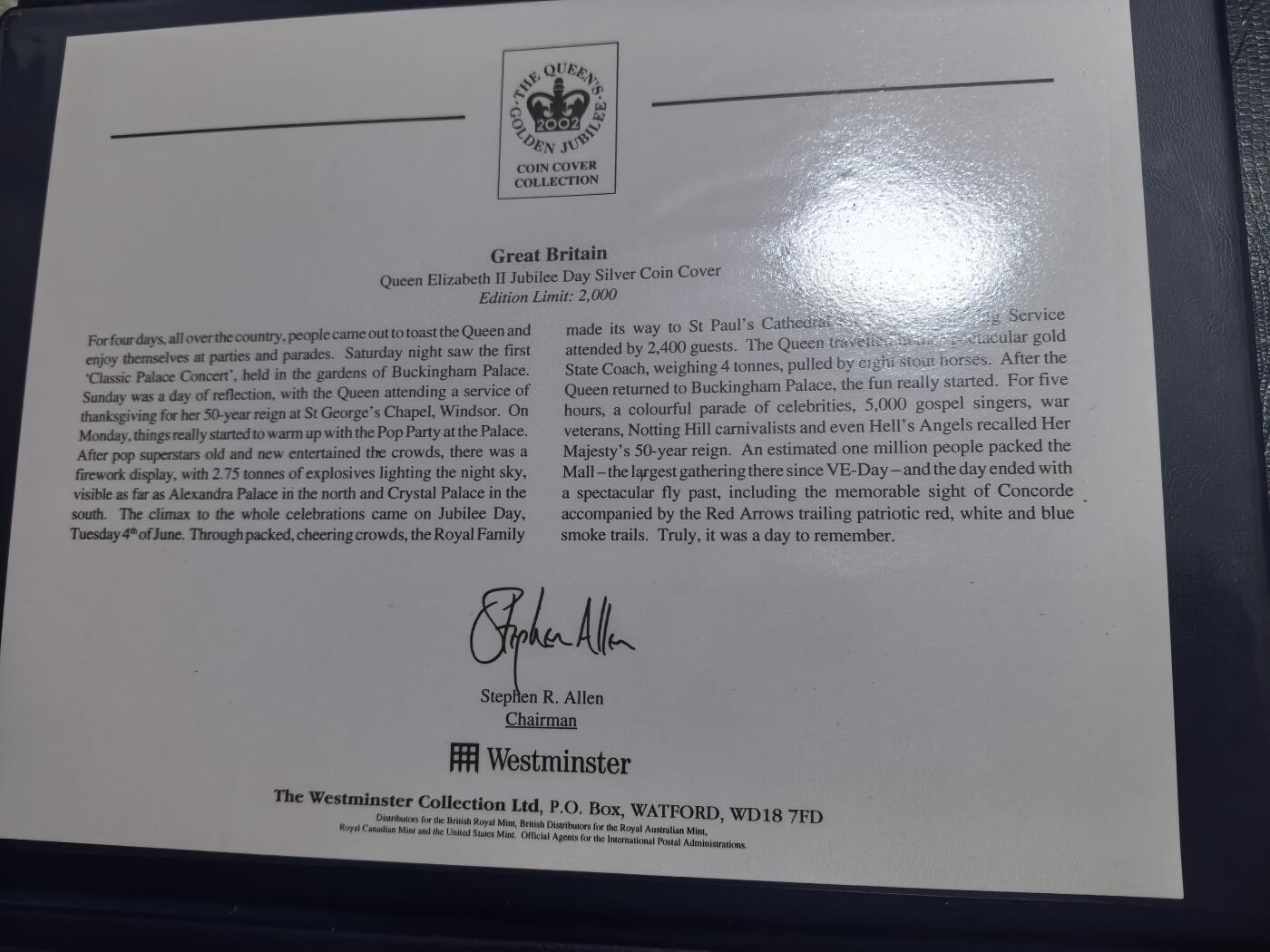 长老汇马年精选第七场拍卖 2002英国女王在位50周年5英镑精制银币邮币封，28.28克925银，皮包装，2000套