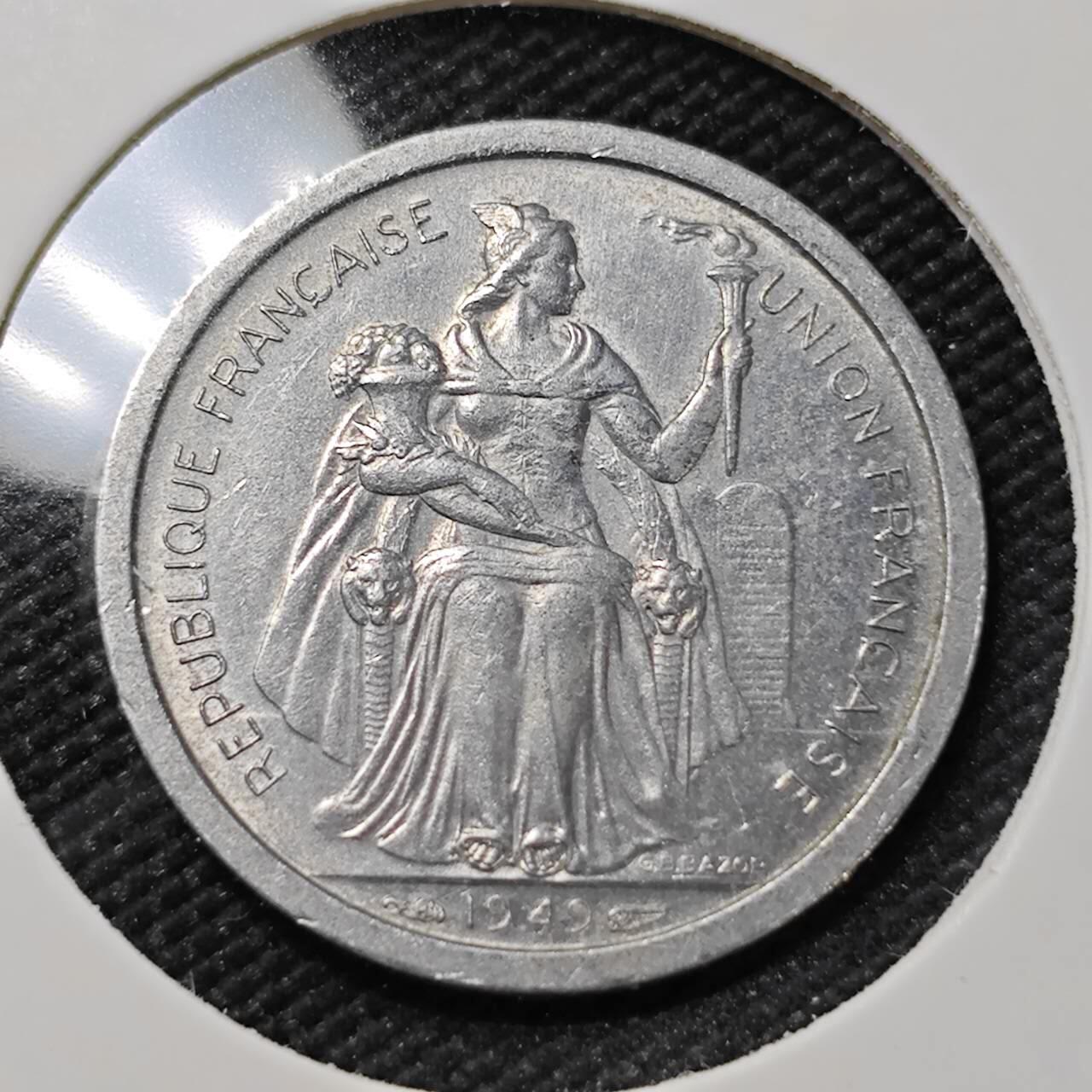 KK钱币收藏小铺   第401期 2月预留时间 周末发货  1949法属波利尼西亚1法郎