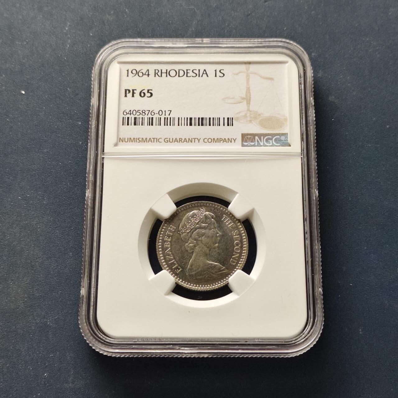 【全场包邮】纯粹捡漏拍509场 【收藏级】英属罗德西亚1964年女王10分/1先令6便士双面值精制币-量2080-NGC PF65（更高分18枚，最高分67）