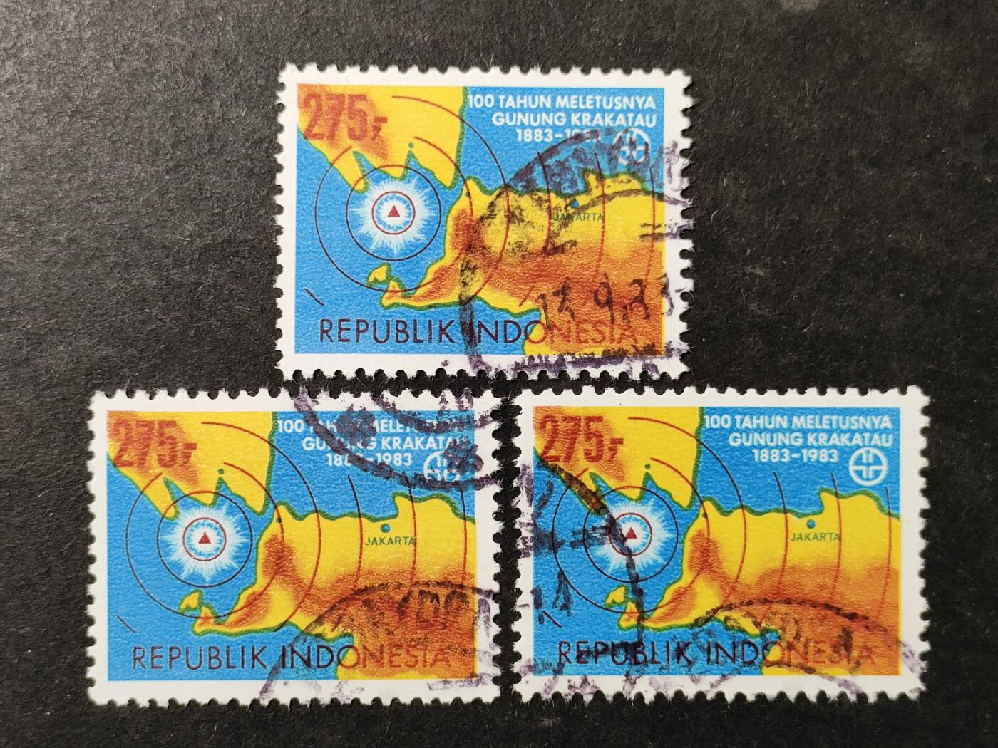 ↓君缘收藏755期☞钱币邮品↓无佣金、可寄存、满30元包邮  印度尼西亚邮票，1983年喀拉喀托火山爆发100周年·巽他海峡地图邮票，随机发一枚