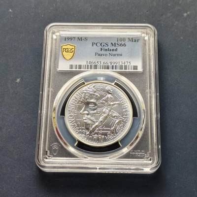 【全场包邮】纯粹捡漏拍509场 - 【收藏级】芬兰1997年100马克跑步者帕沃·努尔米诞生100周年纪念银币【35毫米22克92.5%】-PCGS MS66（更高分仅2枚）