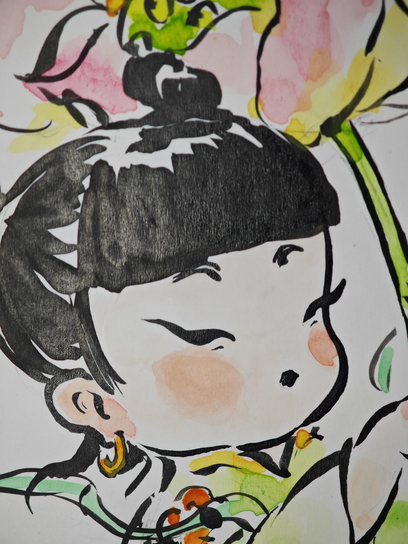 白泽拍卖卡牌手绘专场第33期（去岁千般皆如愿 今年万事定称心） 2025 王小玩手绘画 荷花童子-绿衣服 尺寸：14.5cm*14.9cm  王小玩亲签