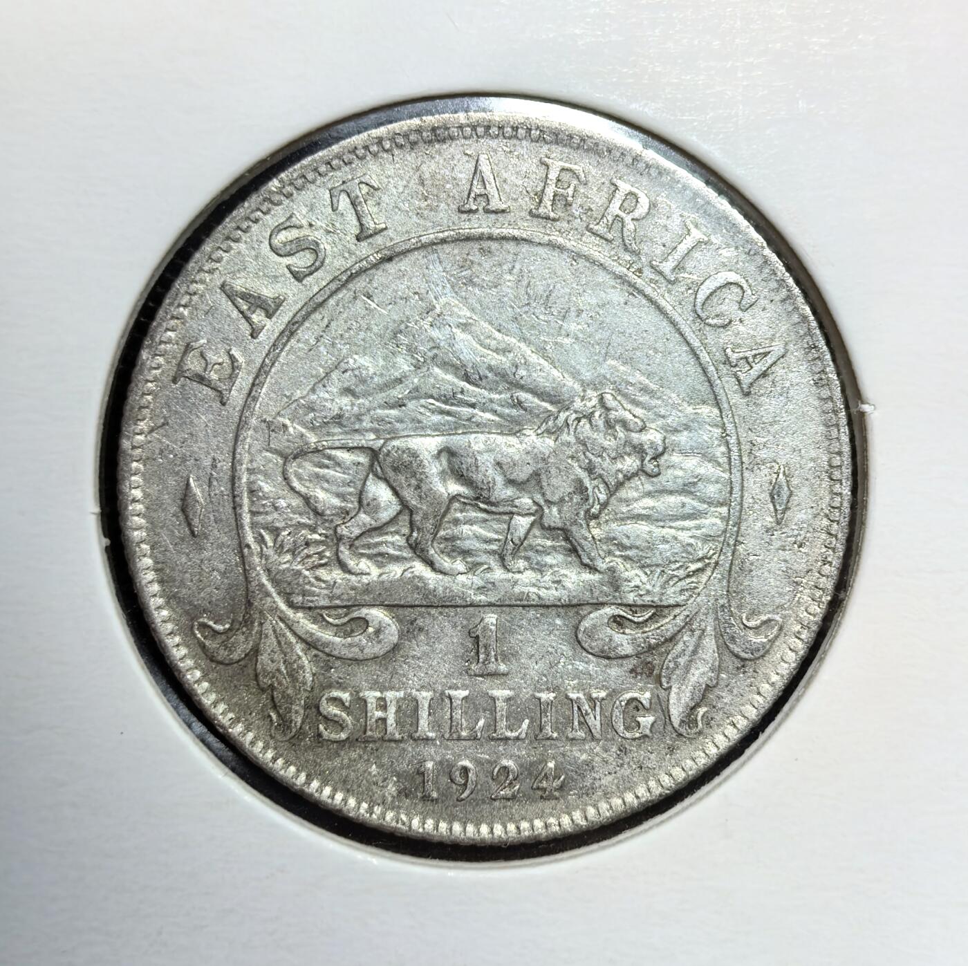 外国优质老铜币银币苏联纪念章，每周六晚九点倒数截拍，满百包邮可寄存，持续收拍 英属东非1924年1先令银币，是英国殖民统治时期的产物。正面为英王乔治五世头像，背面是非洲雄狮图案，它取代了此前流通的印度卢比和东非弗罗林，是殖民当局整合区域货币、强化经济控制的工具。