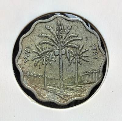 外国优质老铜币银币苏联纪念章，每周六晚九点倒数截拍，满百包邮可寄存，持续收拍 - 伊拉克共和国1971年5 费尔，部分年份为 FAO 粮农组织纪念版。币面棕榈树象征伊拉克农业与椰枣产业，麦穗与叶片呼应粮食生产主题，回历年份标注体现伊斯兰历法，是两伊战争前伊拉克经济与农业发展的实物见证。