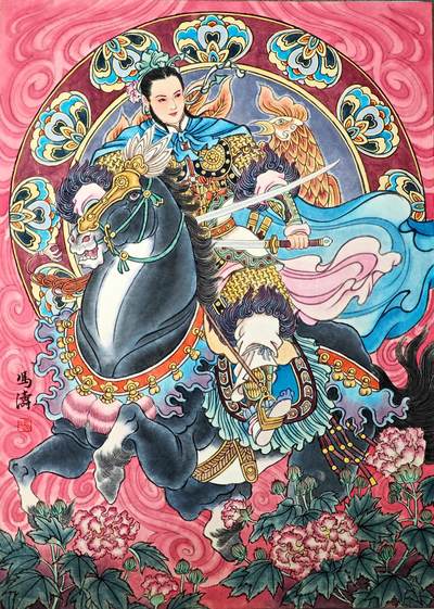 白泽拍卖卡牌手绘专场第33期（去岁千般皆如愿 今年万事定称心） - 2025 冯涛手绘画 鸡-扈三娘 尺寸：30cm*41.5cm  冯涛亲签