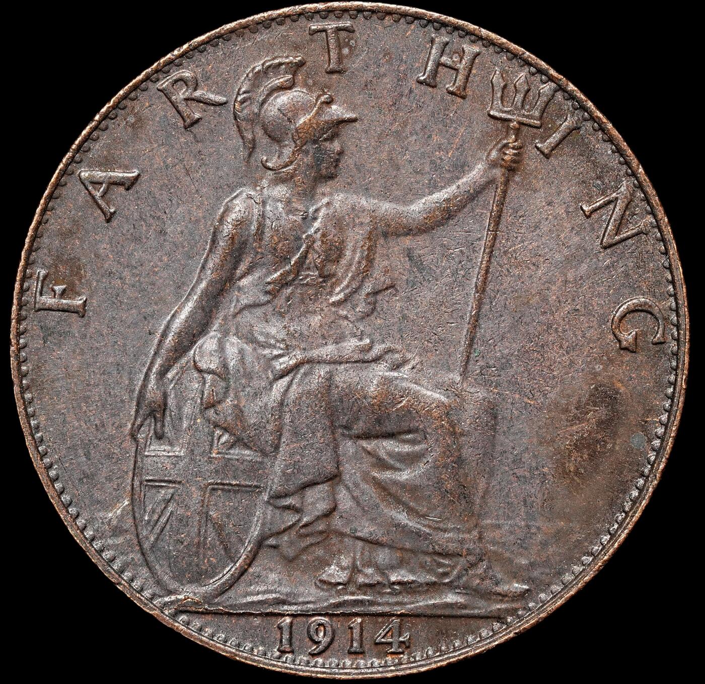 修遠堂世界钱币第106期，请看参拍说明 1914年英国1法新铜币，造币厂熏黑，未流通