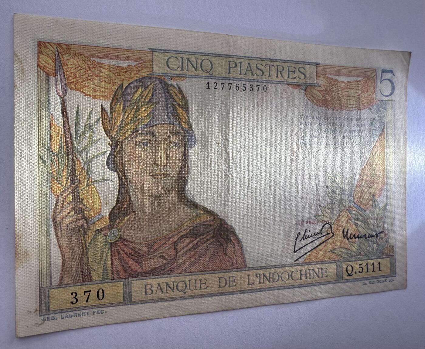 2026第4场（总第231期）：精品测试钞、外钞综合场  法属印度支那/东方汇理银行1936-39年版5元（品如图）55d/签名3
