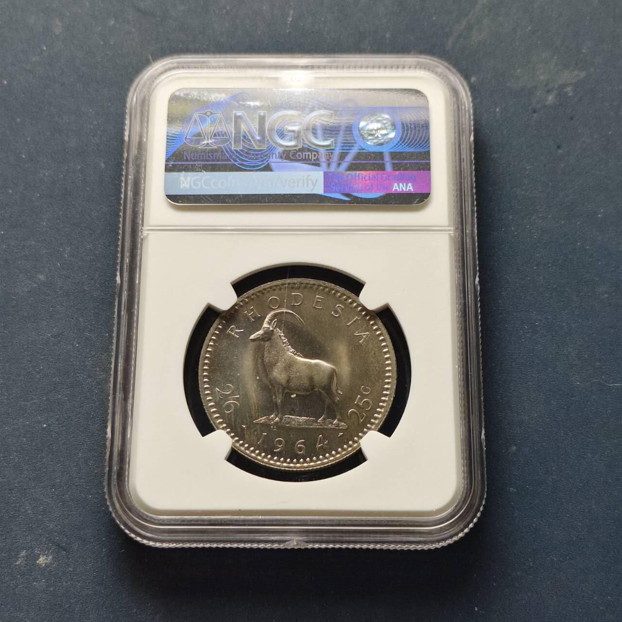 【全场包邮】纯粹捡漏拍509场 【收藏级·稀少】英属罗德西亚1964年女王25分/2先令6便士双面值精制币-量2080-NGC PF64