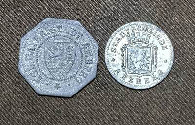 北京马甸外国币专卖第148期，非贵金属外国流通币，纪念币币，中国早期纪念币专场，陆续上拍，欢迎关注 - 德国帝国一战时期紧急状态币：巴伐利亚安贝格10芬尼和巴伐利亚阿茨贝格5芬尼