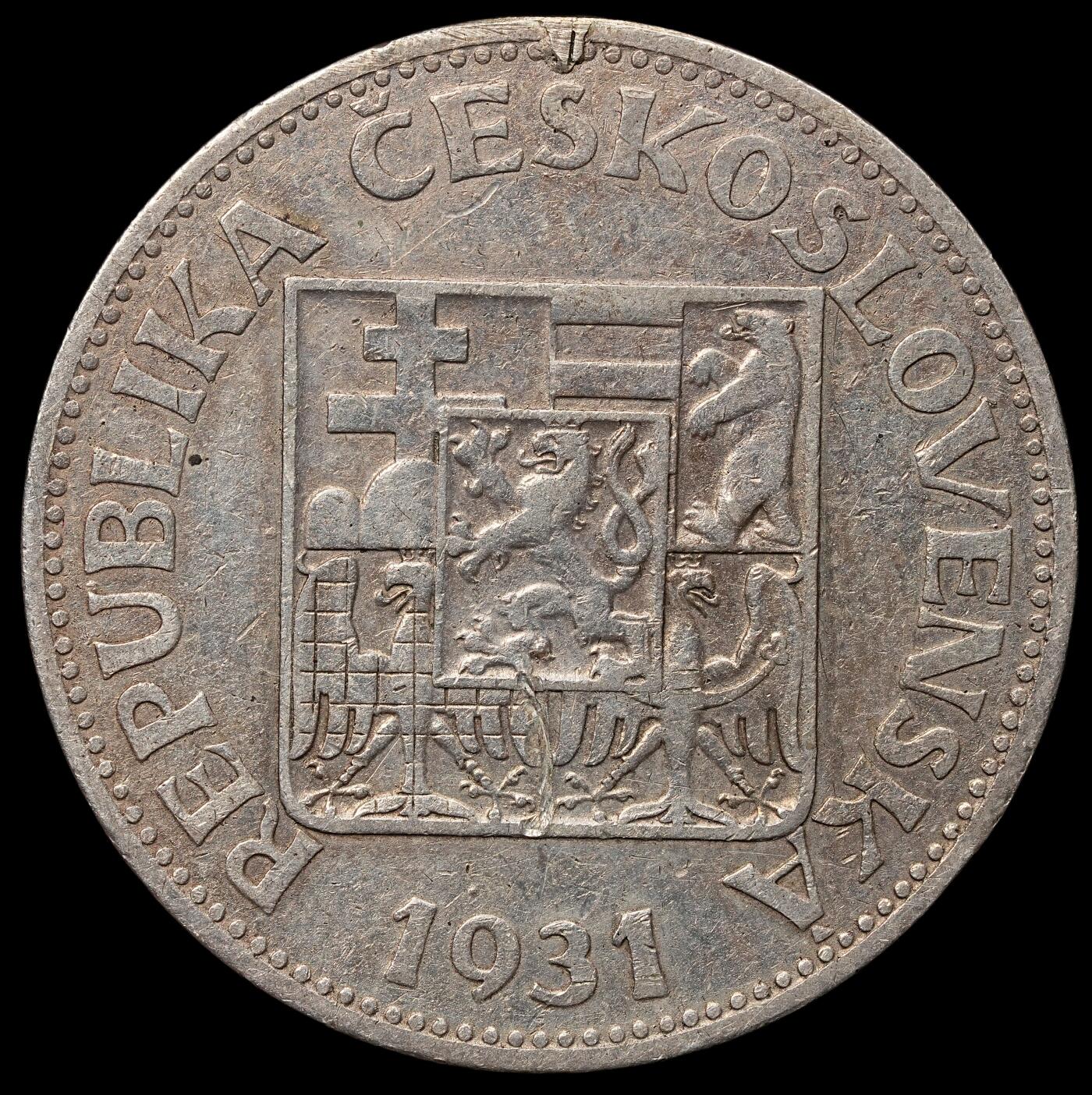 修遠堂世界钱币第106期，请看参拍说明 1931年捷克斯洛伐克10克朗银币，10g，含银70%，顶部焊点