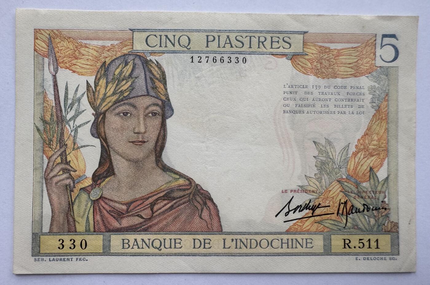 2026第4场（总第231期）：精品测试钞、外钞综合场  法属印度支那/东方汇理银行1936-39年版5元（品如图）55b/签名2