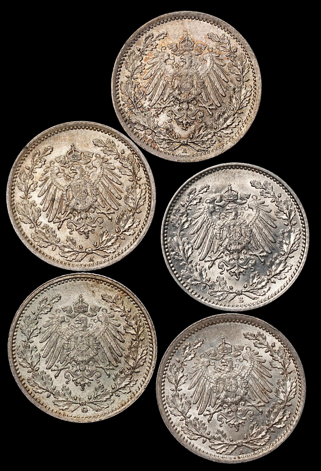 修遠堂世界钱币第106期，请看参拍说明 精选未流通，德国1/2马克银币5枚，总重13.85g，含银90%