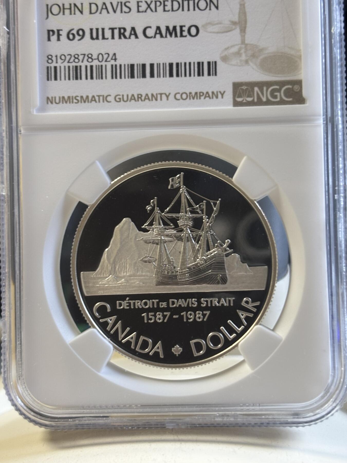 第192期拍卖 获奖币 加拿大1987年戴维斯海峡发现400周年纪念银币 NGC-PF69,500银，23.3276克，1988年克劳斯最佳银币