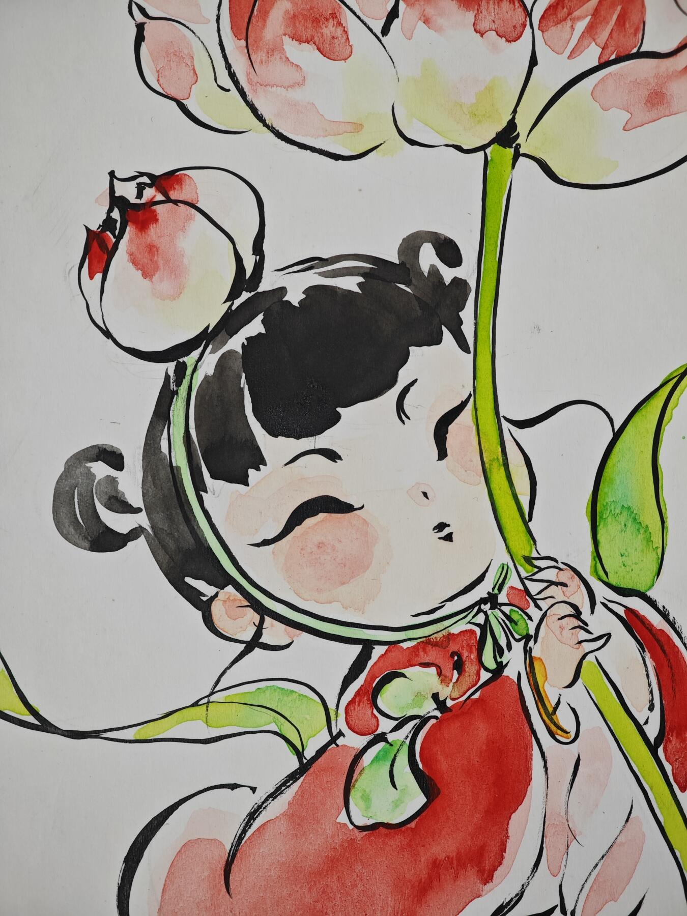 白泽拍卖卡牌手绘专场第33期（去岁千般皆如愿 今年万事定称心） 2025 王小玩手绘画 荷花童子-红衣服 尺寸：14.8cm*20cm  王小玩亲签