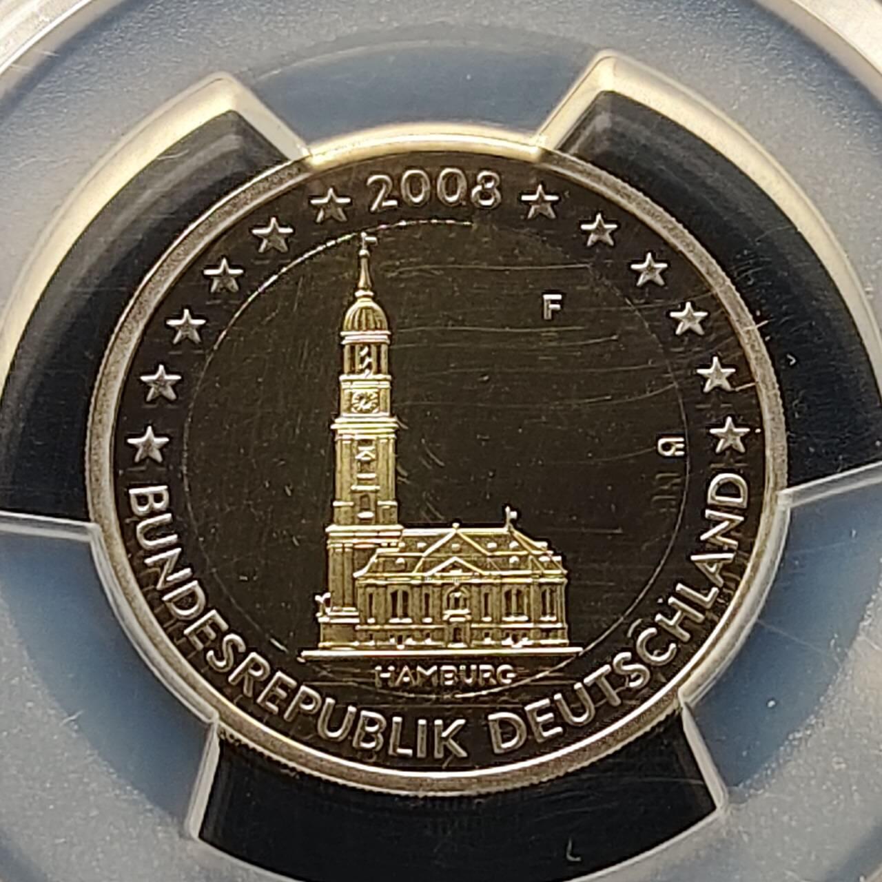 【全场包邮】纯粹捡漏拍509场 【收藏级】德国2008年2欧元州币系列汉堡联邦州圣米迦勒斯教堂F厂双色精制纪念币-PCGS PR67 DCAM（更高分仅3枚）