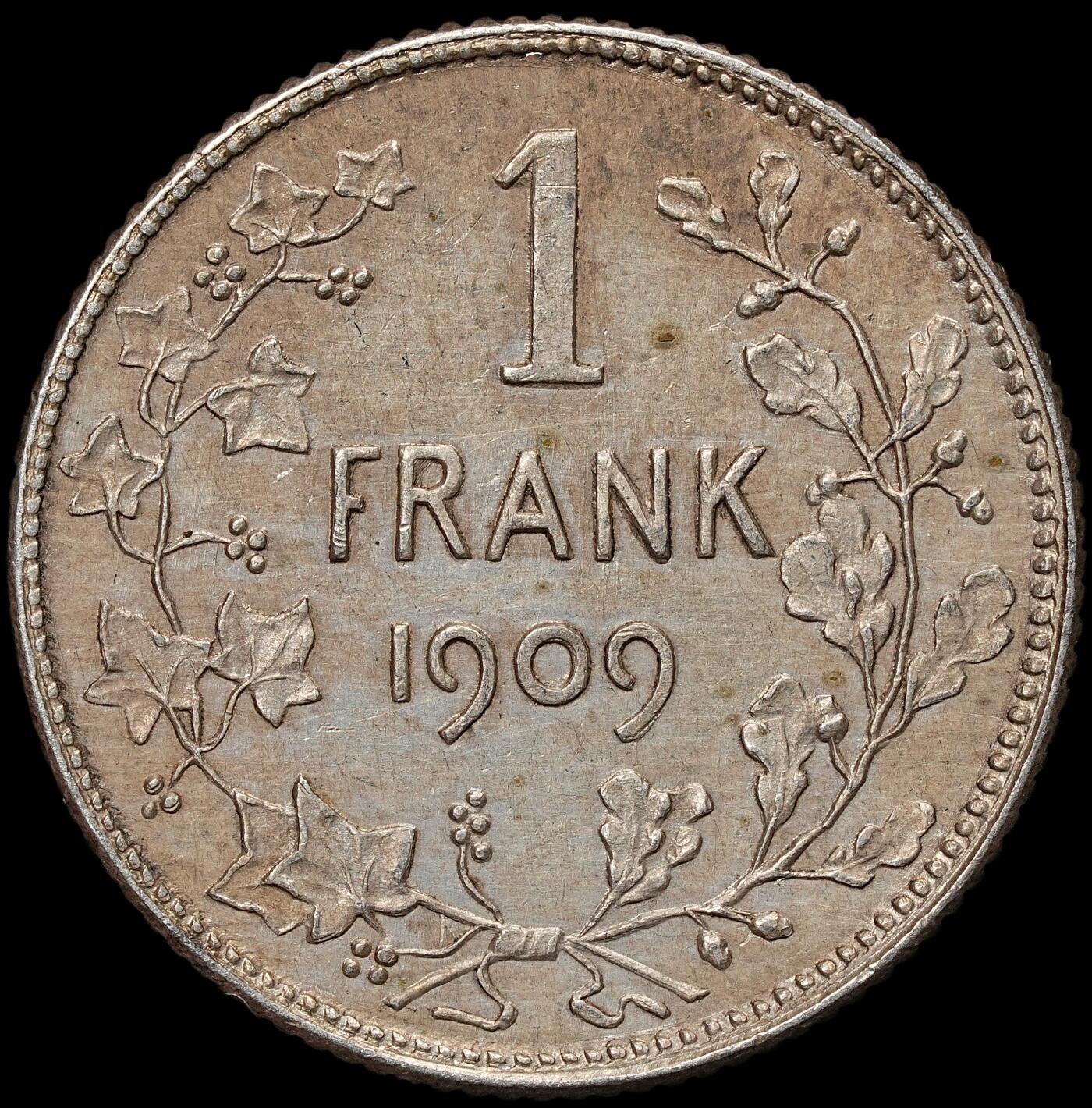 修遠堂世界钱币第106期，请看参拍说明 1909年比利时1法郎银币，5.00g，含银83.5%