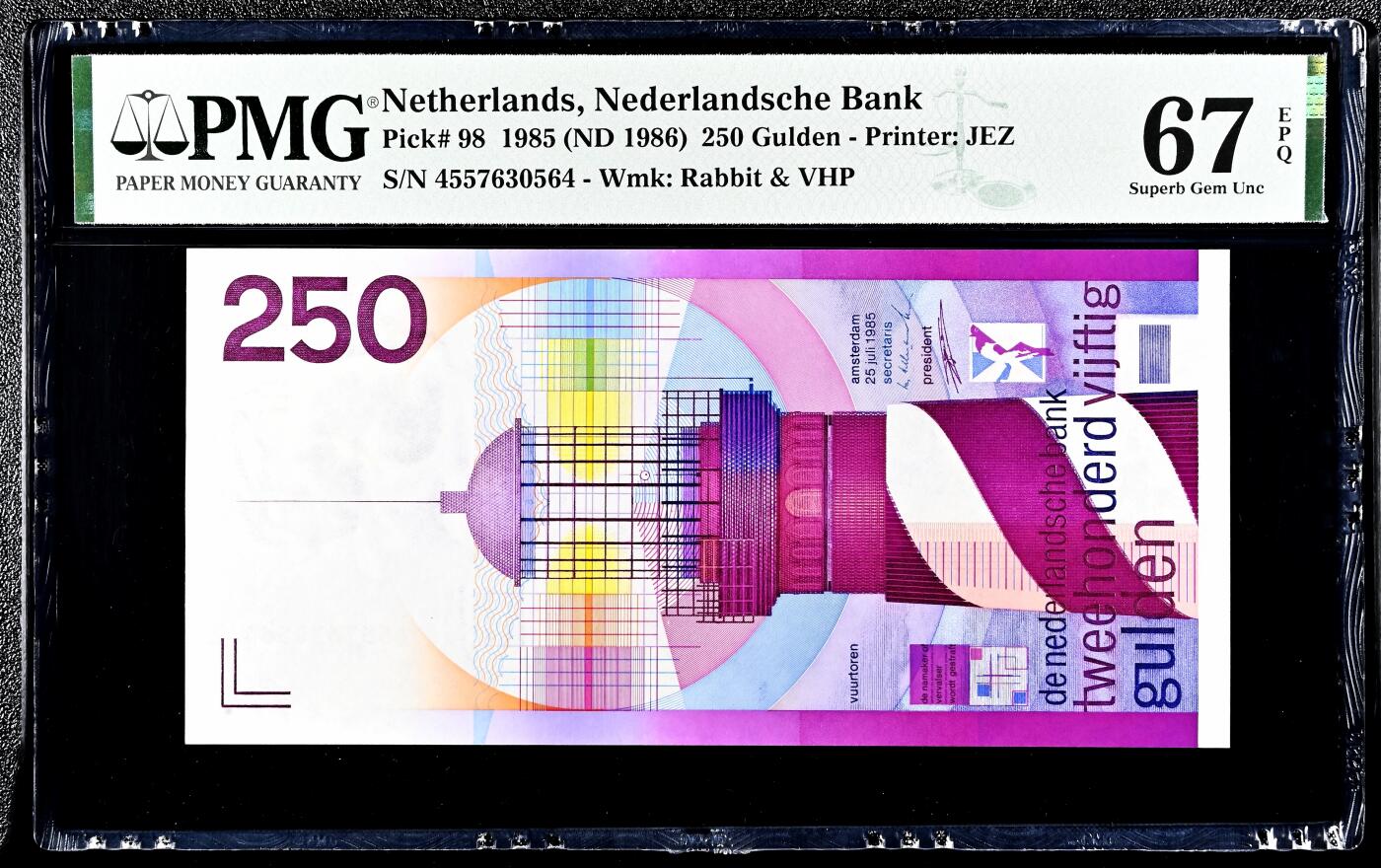  【Blue Auction】世界纸币精拍第791期——18级TOP拍卖/信誉/品质/专业/高效💫 荷兰 1985年250盾 经典灯塔 PMG67EPQ