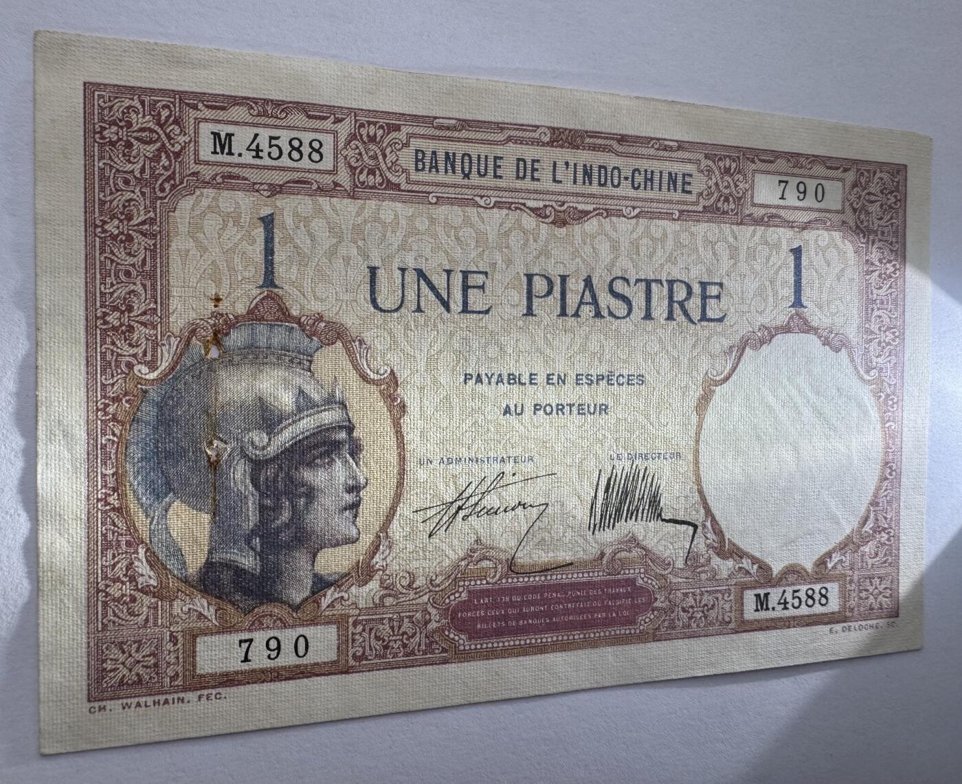 2026第4场（总第231期）：精品测试钞、外钞综合场  法属印度支那/东方汇理银行1921-31年版1元（品如图、有订书孔）48b/签名2