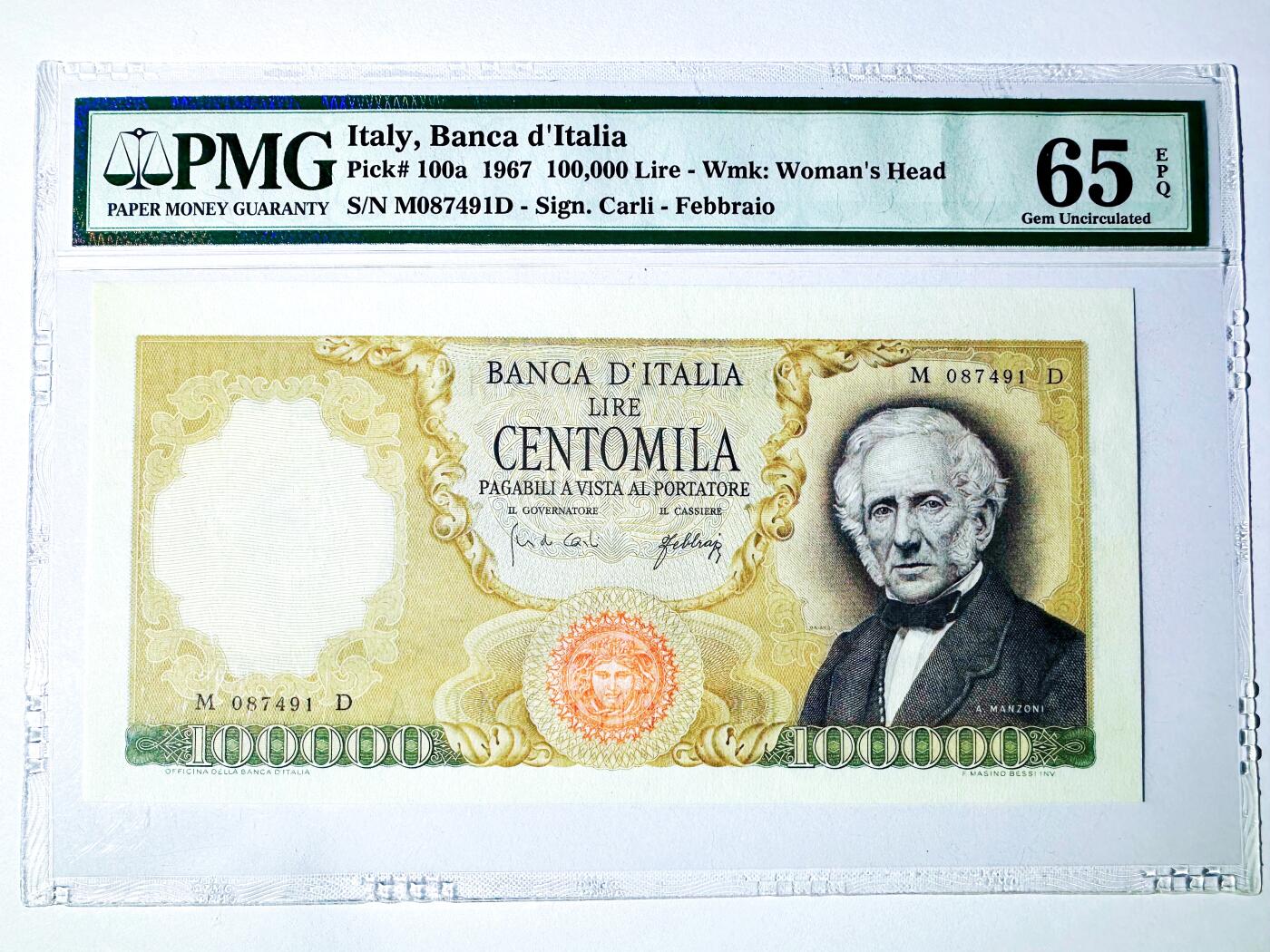  【Blue Auction】世界纸币精拍第791期——18级TOP拍卖/信誉/品质/专业/高效💫  【a版初版】意大利 1967年10万里拉 曼左尼经典 顶级雕刻 PMG65EPQ 老壳 