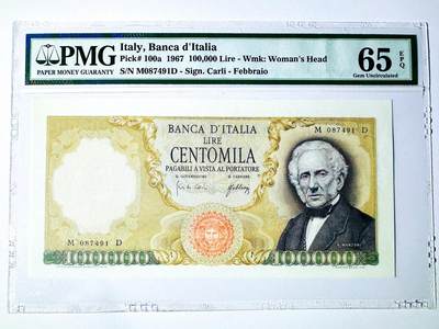  【Blue Auction】世界纸币精拍第791期——18级TOP拍卖/信誉/品质/专业/高效💫 -  【a版初版】意大利 1967年10万里拉 曼左尼经典 顶级雕刻 PMG65EPQ 老壳 