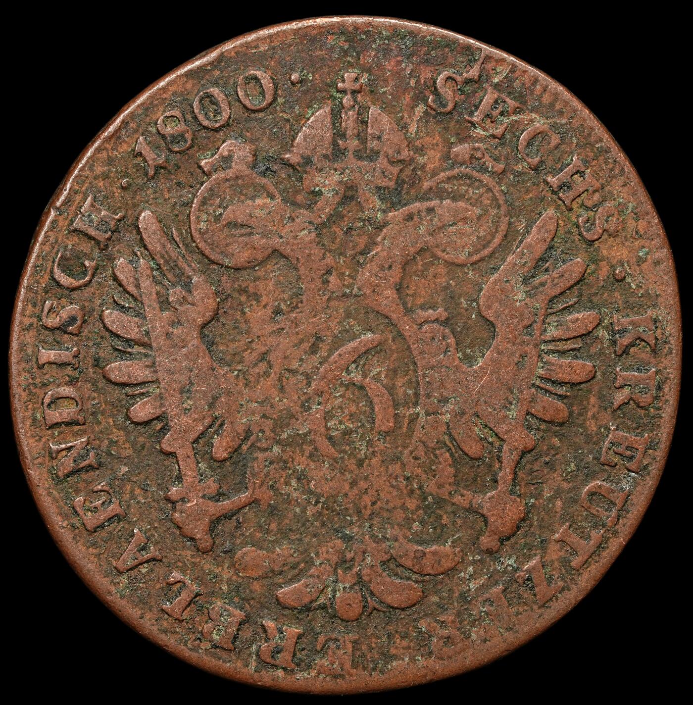 修遠堂世界钱币第106期，请看参拍说明 1800年神圣罗马帝国-奥地利6克鲁泽铜币 F厂铭