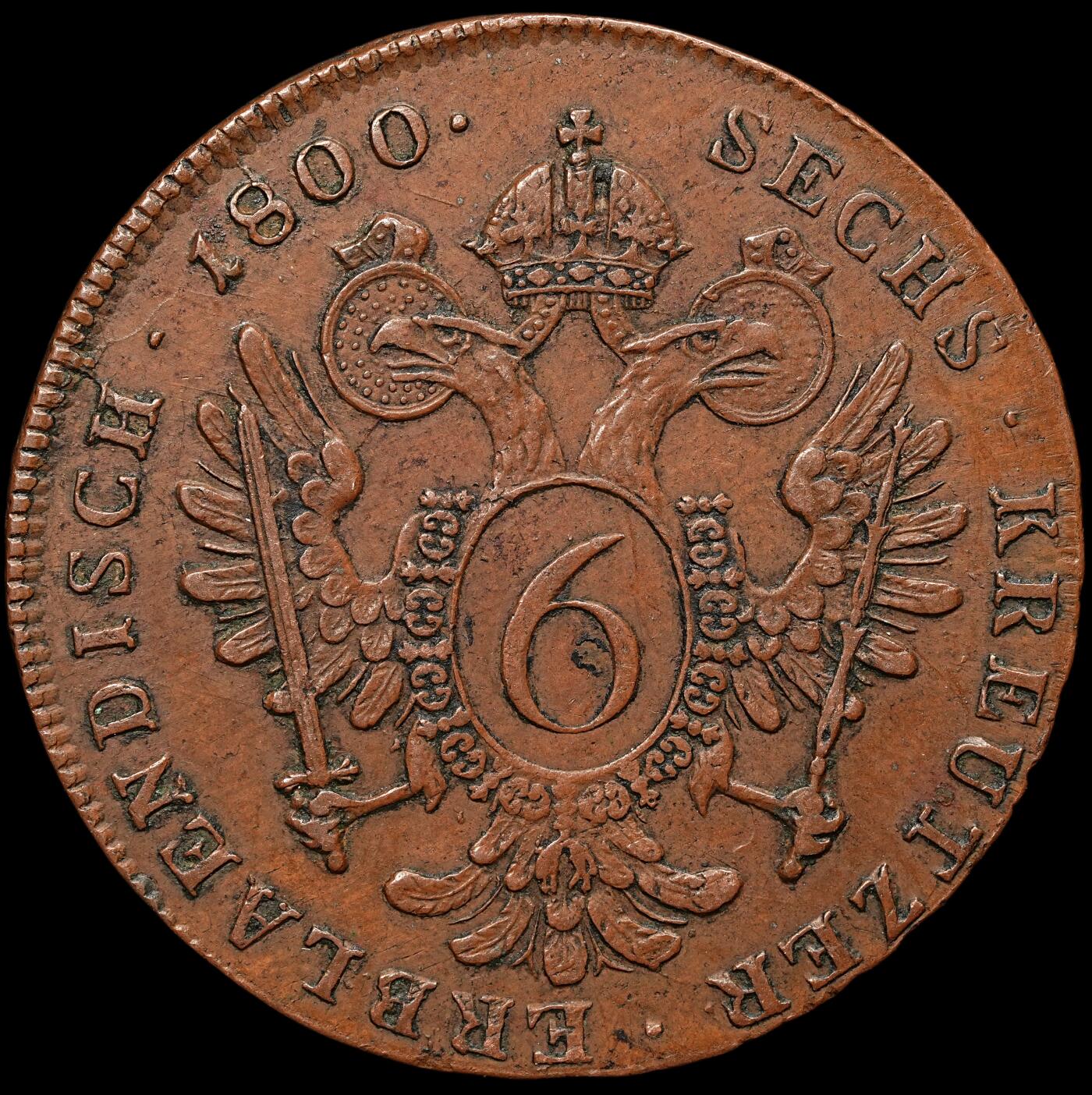 修遠堂世界钱币第106期，请看参拍说明 1800年神圣罗马帝国-奥地利6克鲁泽铜币 C厂铭