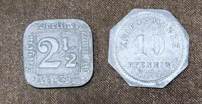 北京马甸外国币专卖第148期，非贵金属外国流通币，纪念币币，中国早期纪念币专场，陆续上拍，欢迎关注 - 德国帝国一战时期紧急状态币：柏林方形2.5芬尼和黑森大公国本斯海姆八角形10芬尼