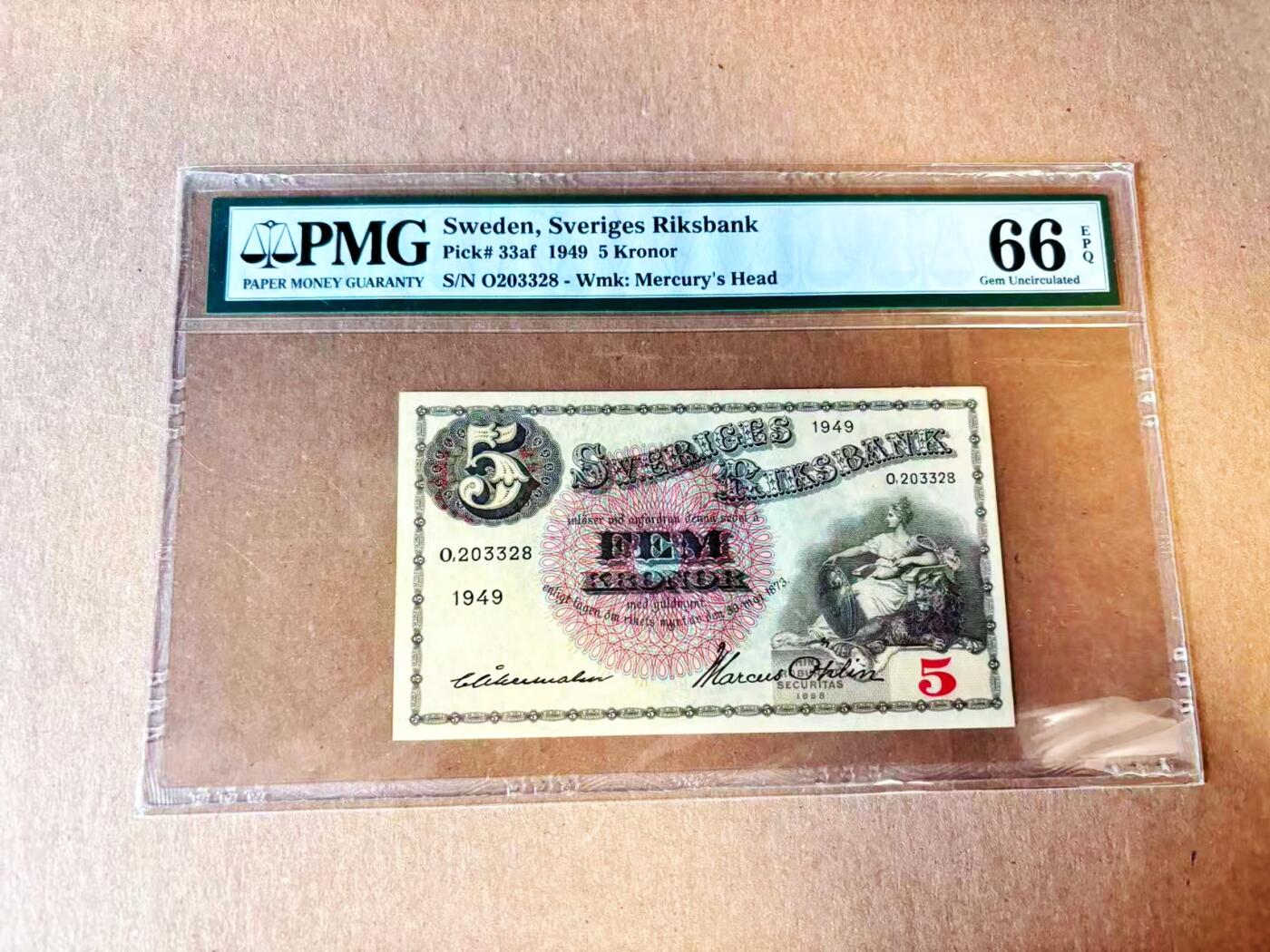  【Blue Auction】世界纸币精拍第791期——18级TOP拍卖/信誉/品质/专业/高效💫 【无47】瑞典 1949年5克朗 PMG66EPQ 