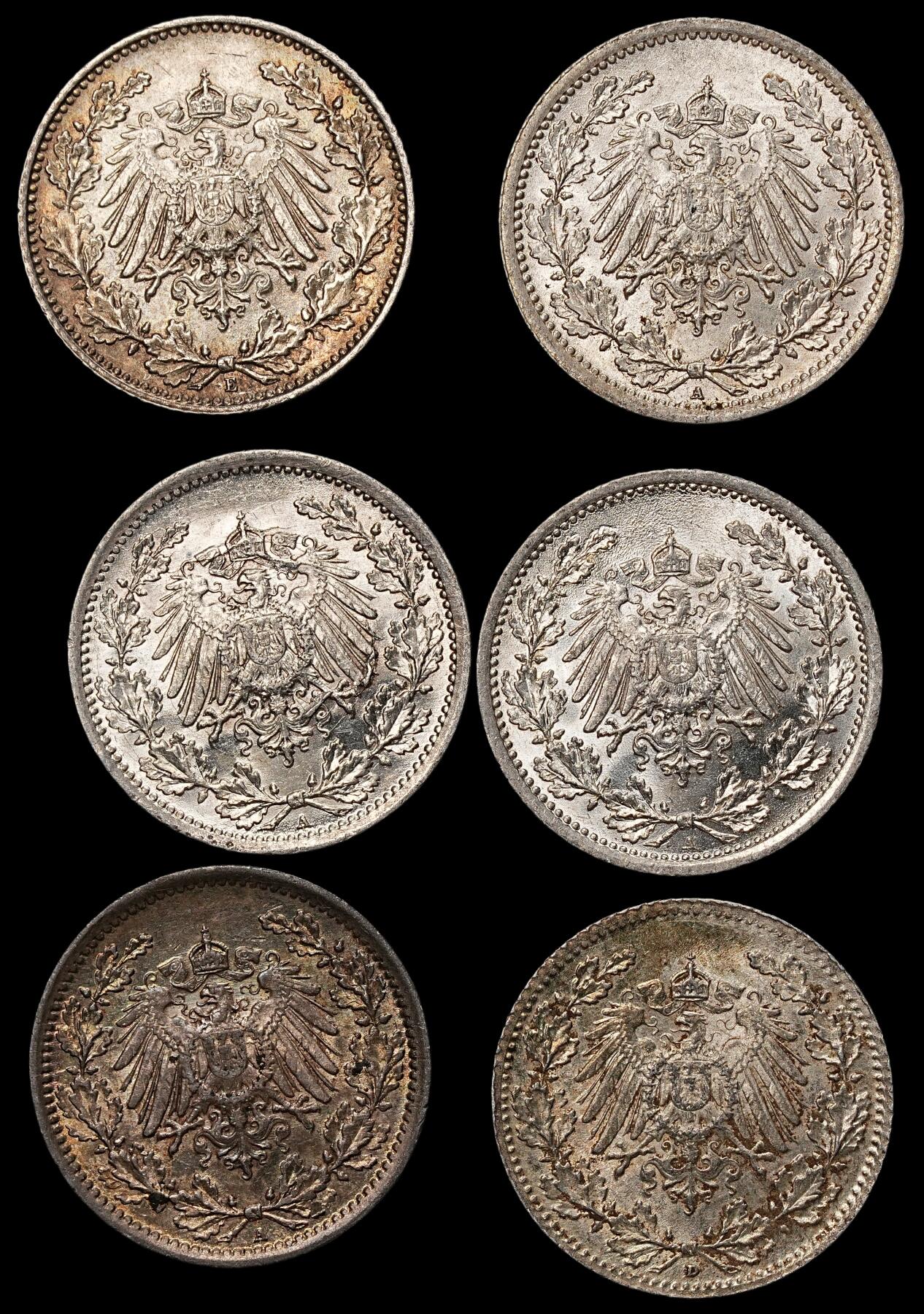 修遠堂世界钱币第106期，请看参拍说明 精选未流通，德国1/2马克银币6枚，总重16.67g，含银90%