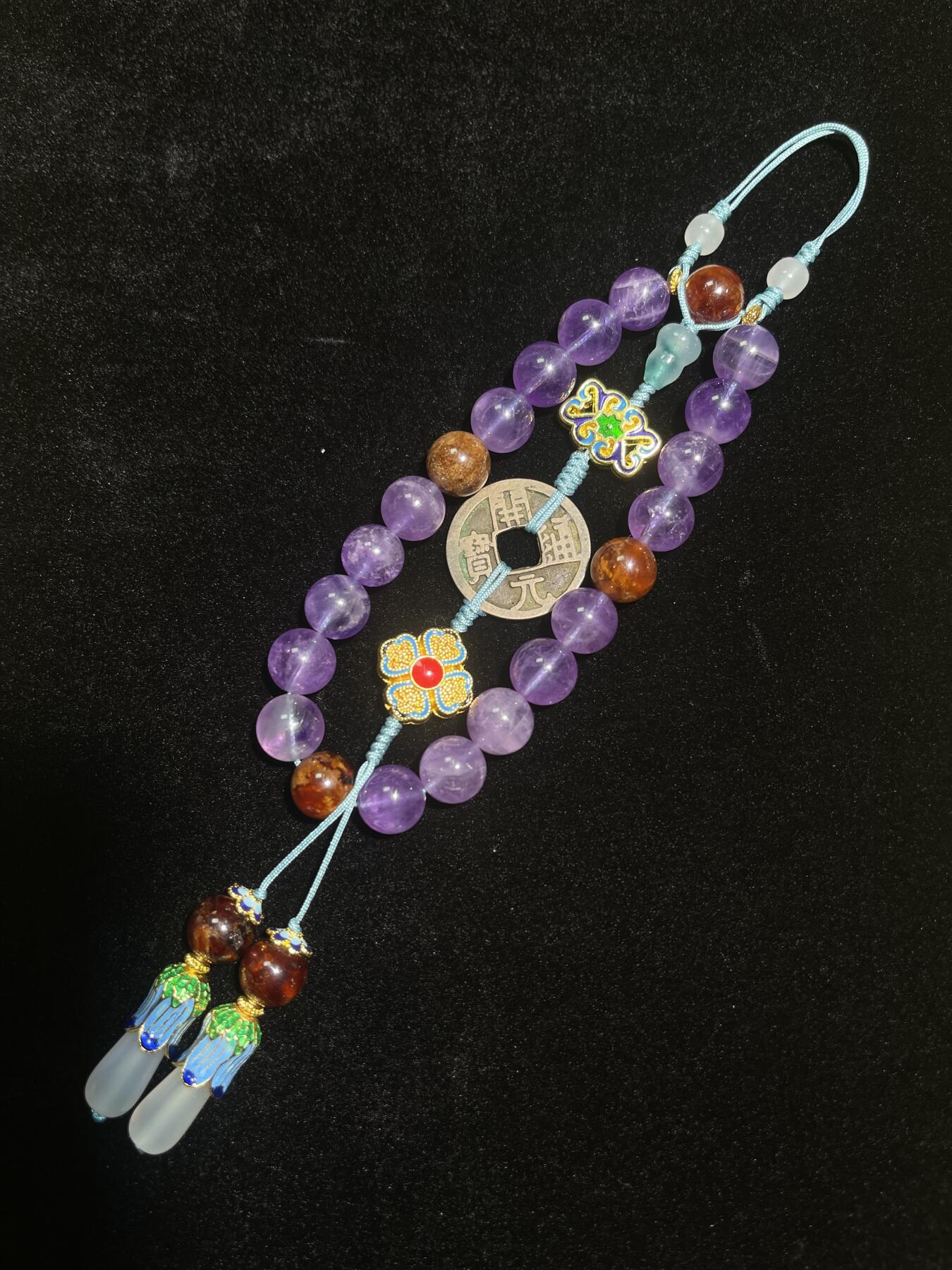 古钱币十八子念珠紫水晶手串-开元通宝