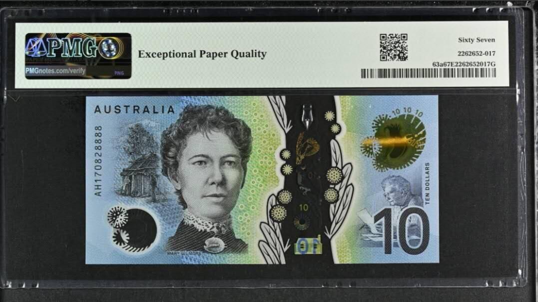 豹子号888狮子号8888，澳大利亚2017年10元塑料钞，pmg67全程无3457