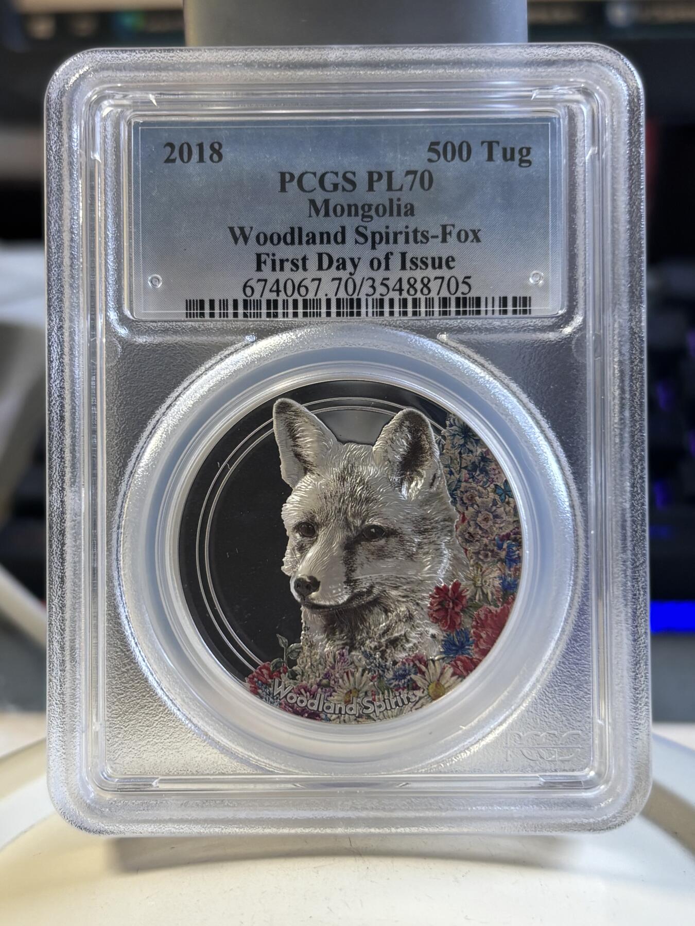 第192期拍卖 蒙古2018年森林精灵系列精灵狐狸1盎司纪念银币PCGS-PL70首带证书，1盎司，999银，发行1500枚