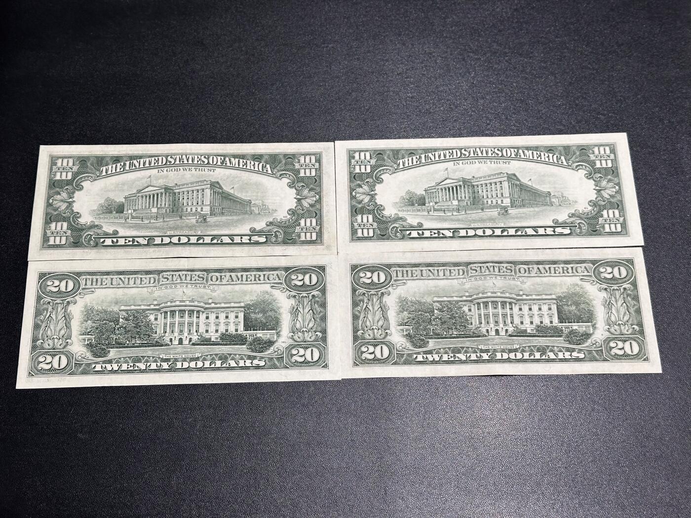 《外钞收藏家》第六百一十五期（畅拍场）（长期征集拍品、欢迎藏友们联系合作） 美国小头版10和20美元 4张一起 品相如图 