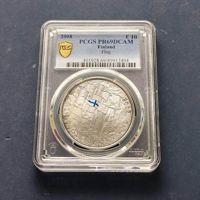 【全场包邮】纯粹捡漏拍509场 - 【收藏级·冠军分】芬兰2008年10欧元芬兰国旗90周年彩色精制纪念银币【38.6毫米25.5克92.5%】-PCGS PR69 DCAM