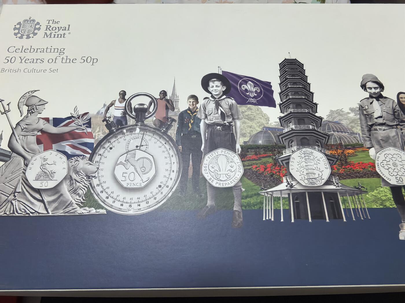 长老汇马年精选第七场拍卖 2019英国50便士发行50周年5枚精制银币套装，文化版，钢琴烤漆木盒，1969套，含稀缺的邱园中国塔50便士，灵感来自于南京大报恩寺塔