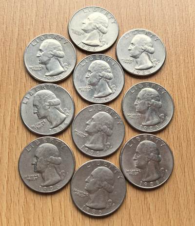 外国优质老铜币银币苏联纪念章，每周六晚九点倒数截拍，满百包邮可寄存，持续收拍 - 美国1986年华盛顿 25 美分10枚，正面为其头像，背面为美国国鸟白头海雕。